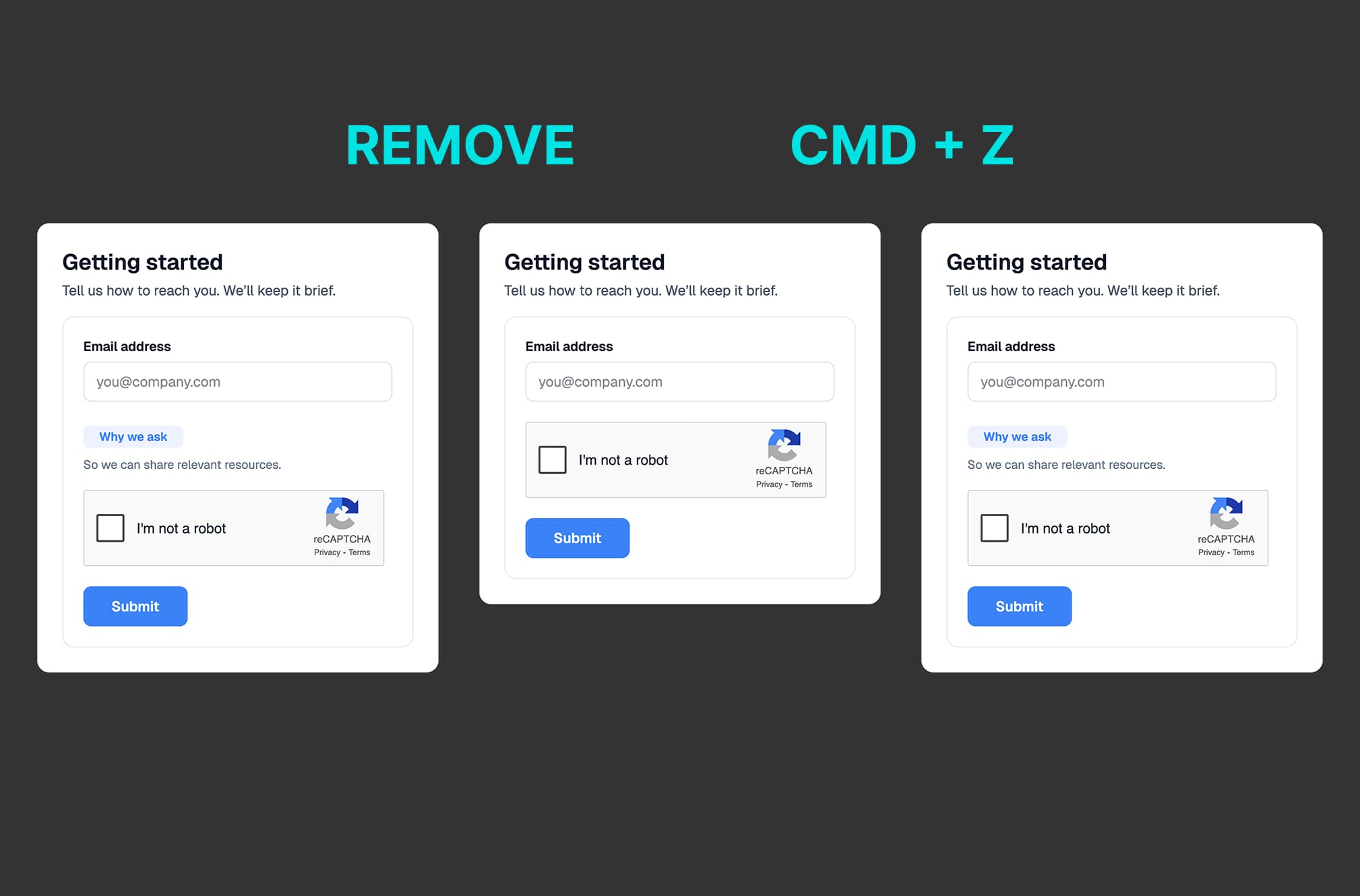 FigForm canvas showing a submit button in three states: original blue, changed to green, and after undo back to blue, demonstrating the ability to experiment with changes and revert them.