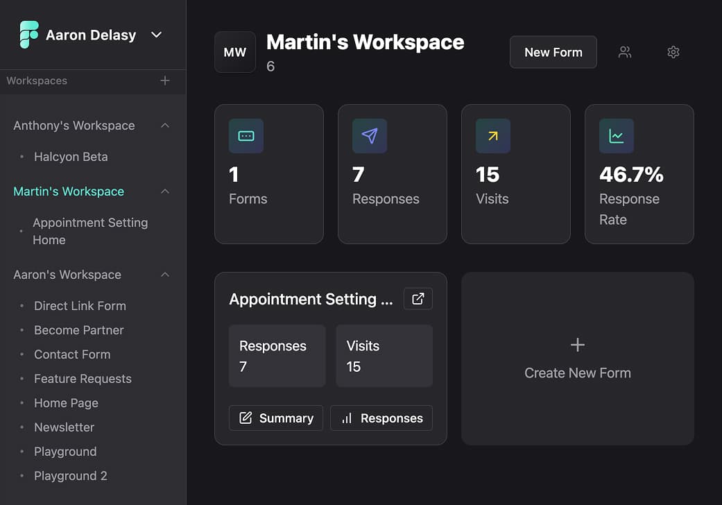 A grid of workspace cards and forms on the sidebar.
